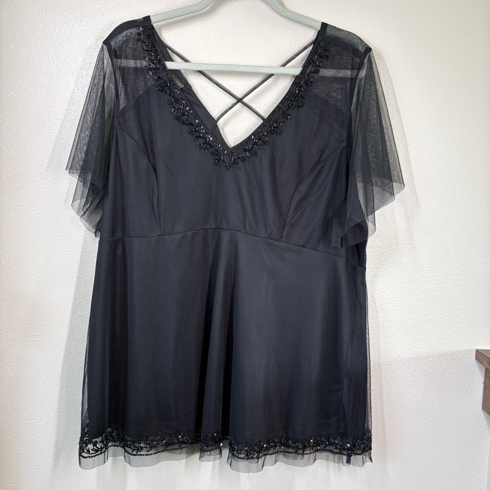 Torrid Women Top 2/2X Black Beaded Mesh Flutter Sleeve Office Dressy Whimsical
